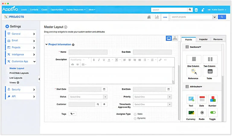 Creating a layout for projects record in Apptivo