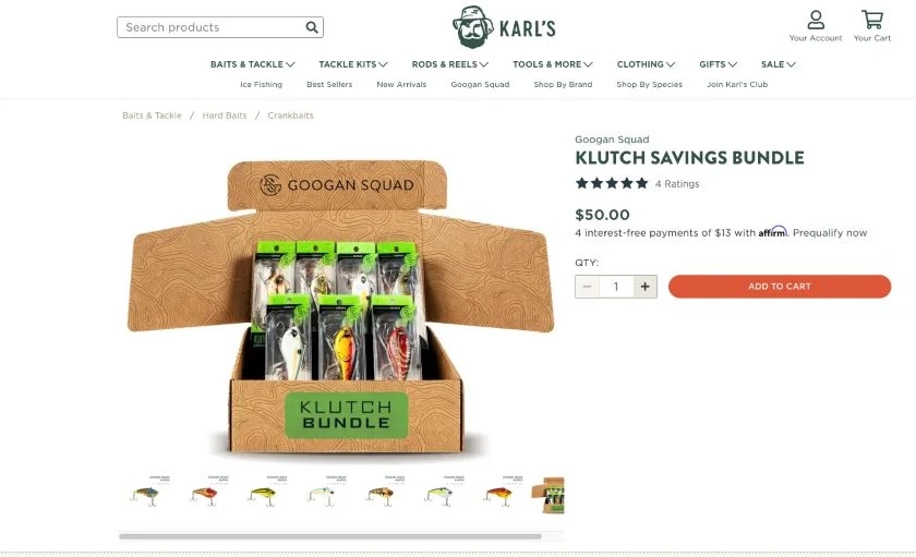 Shop Karl's product page for the Klutch Savings Bundle with a box full of fishing lures.