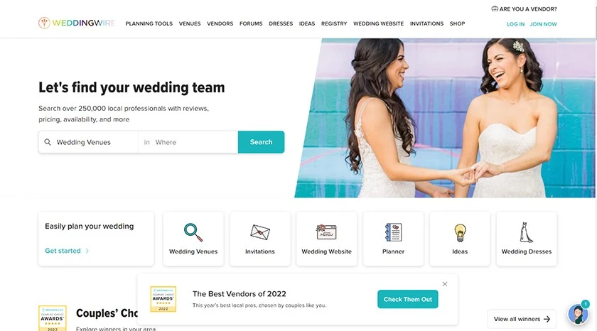 Home page of the Wedding Wire website.