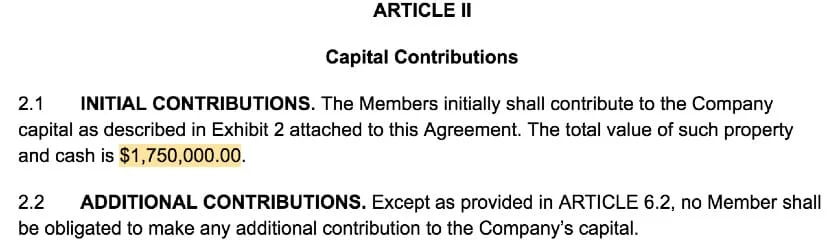 Screenshot of LLC Operating Agreement Template Article II