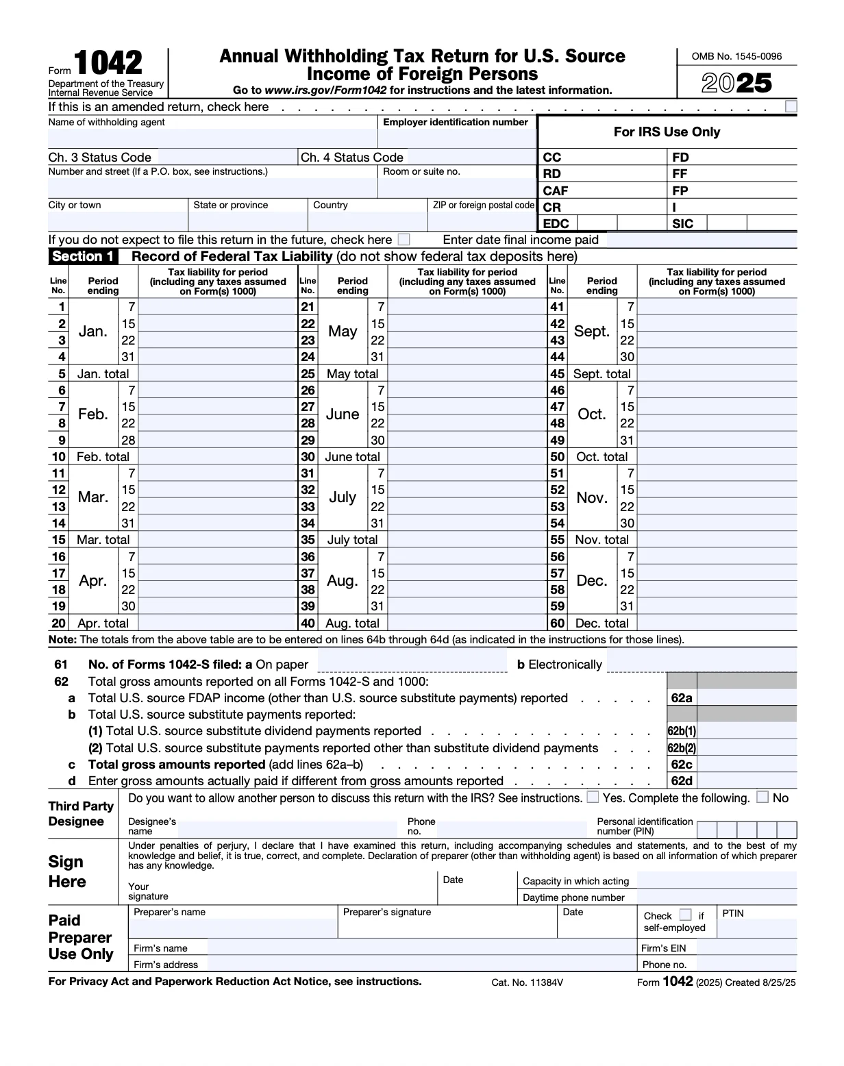 Form 1042 - Annual Withholding Tax Return for US Source Income of Foreign Persons