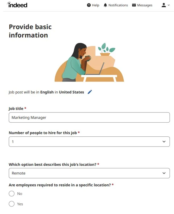 Indeed's job posting basic information form.