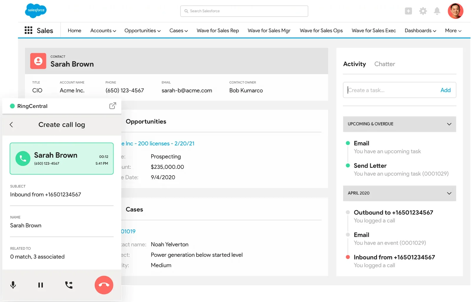 A dialog box showing a live call on RingCentral and a Salesforce interface displaying contact information.