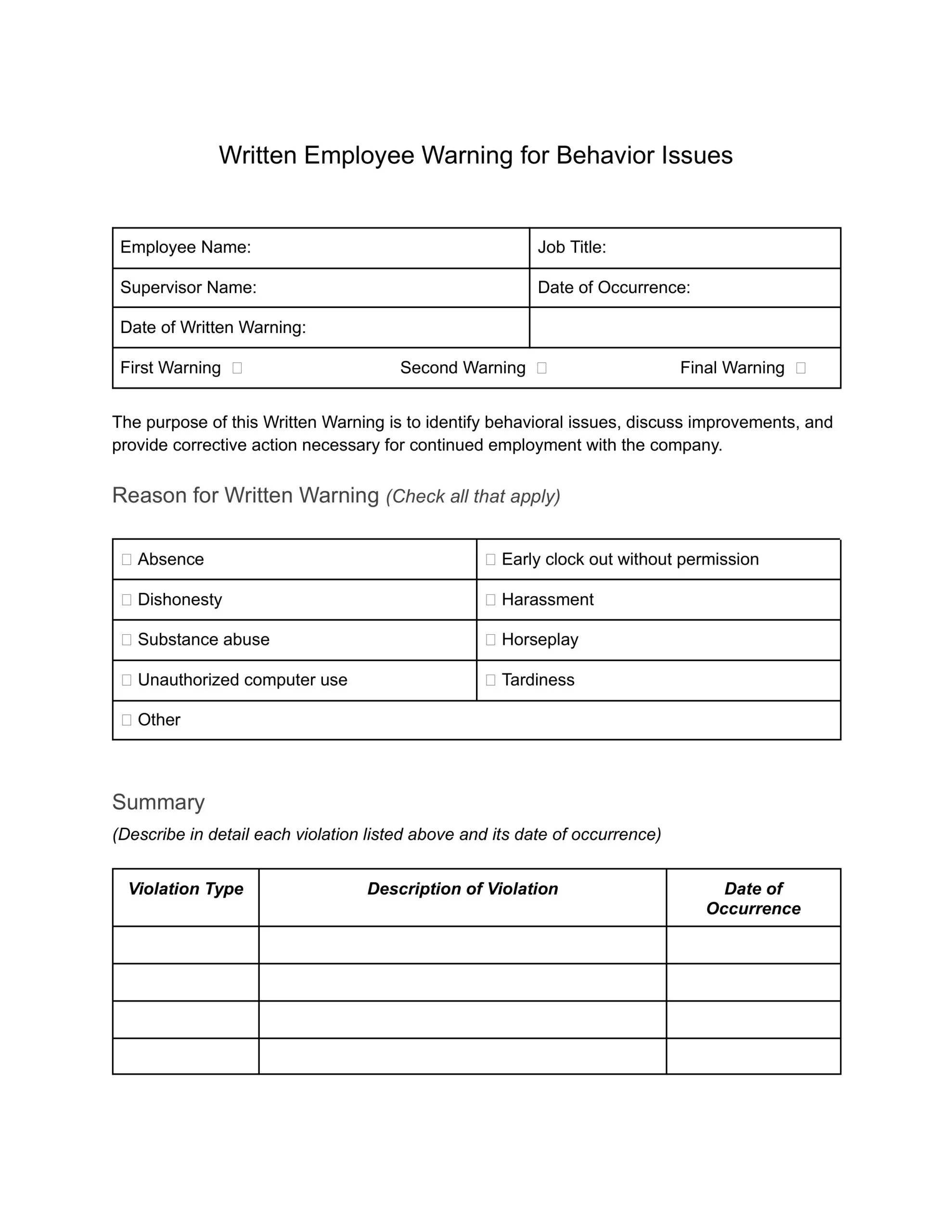 Written Employee Warning for Behavior Issues