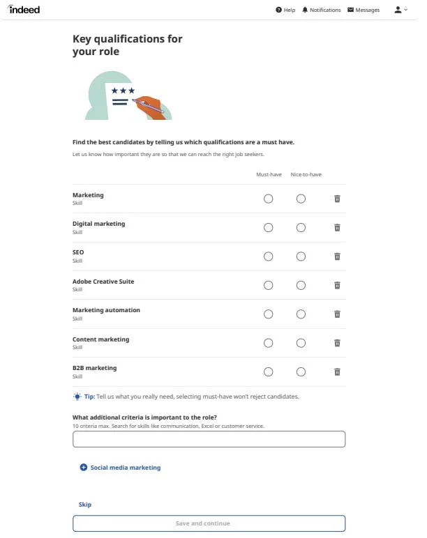 Indeed's key qualifications form.