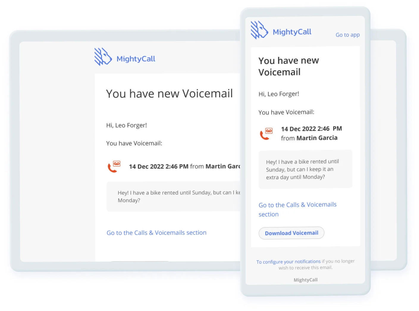 An email notification from MightyCall about a new voicemail received.
