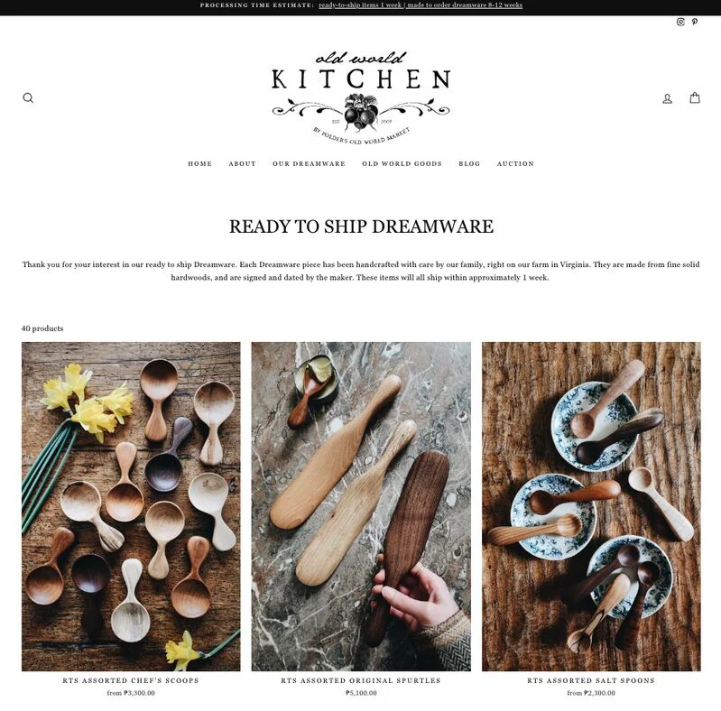 Old World Kitchen homepage hardwood dinnerware products a Shopify store.