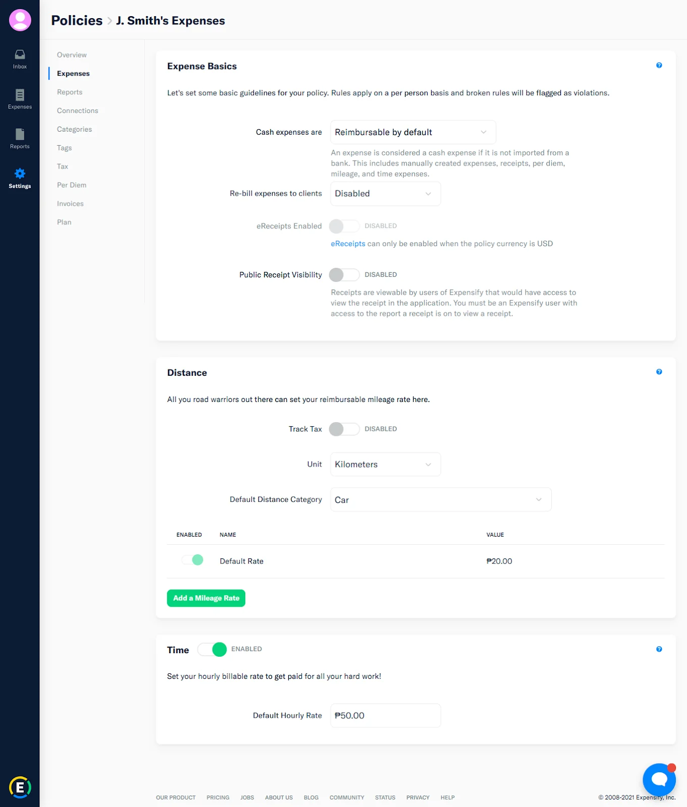Expensify Expense policies screen.