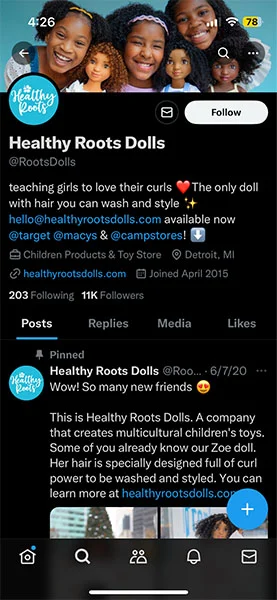 The X (Twitter) account of Healthy Roots Dolls.