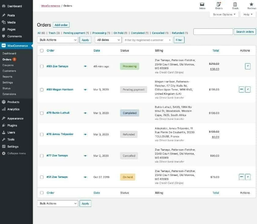 Sorting orders by date and status in Woocommerce.
