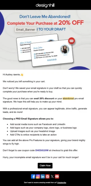 A cart abandonment email from Designhill offering a 20% discount incentive.