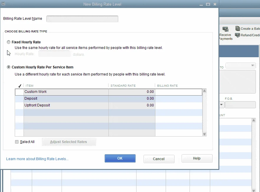 Setting up bill rate in QuickBooks Premier Professional Services.