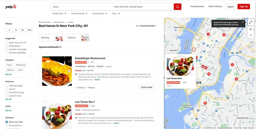 The online directory Yelp showing listings for taco restaurants.