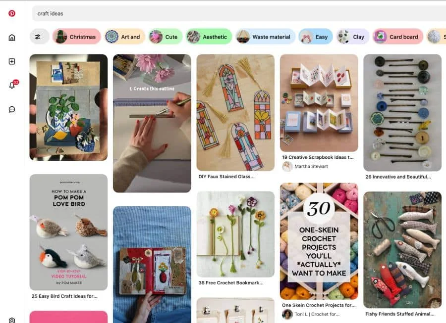 The home screen of a Pinterest page with various craft tips and ideas.