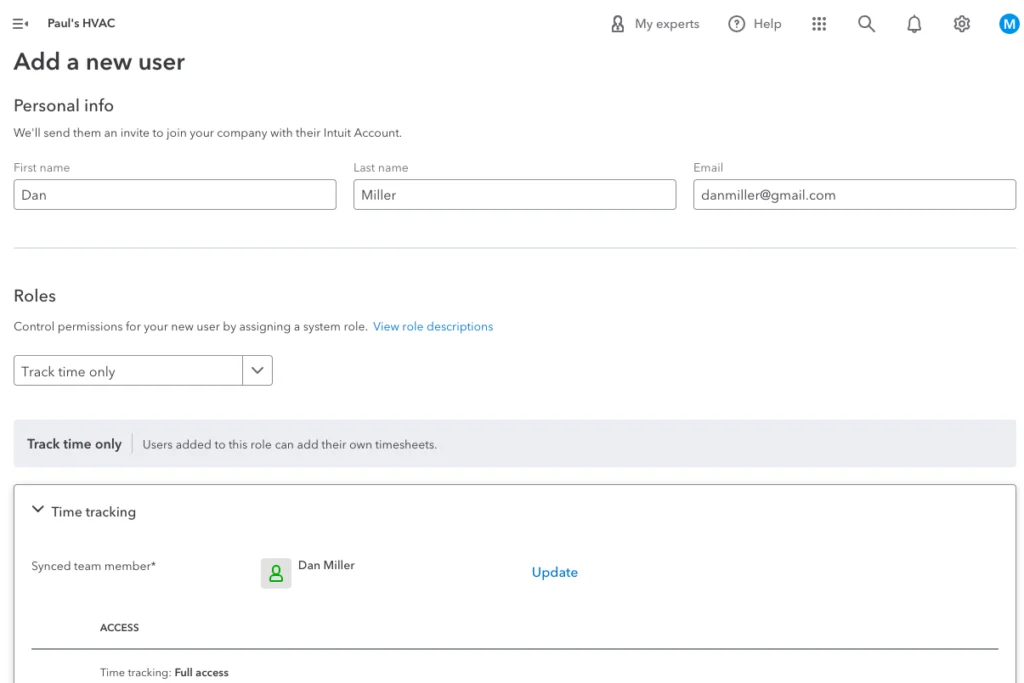 Screen showing where to add a new time tracking user in QuickBooks