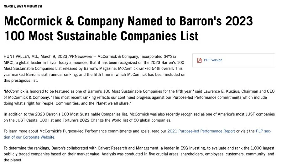Screenshot of McCormick’s award press release.