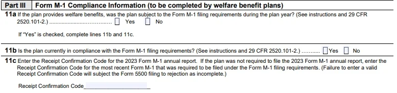 Snippet of Form 5500 highlighting Part 3 Section 11