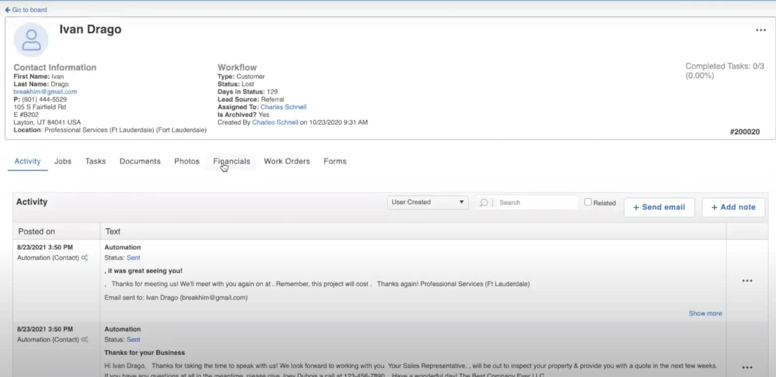 JobNimbus sample contact information.