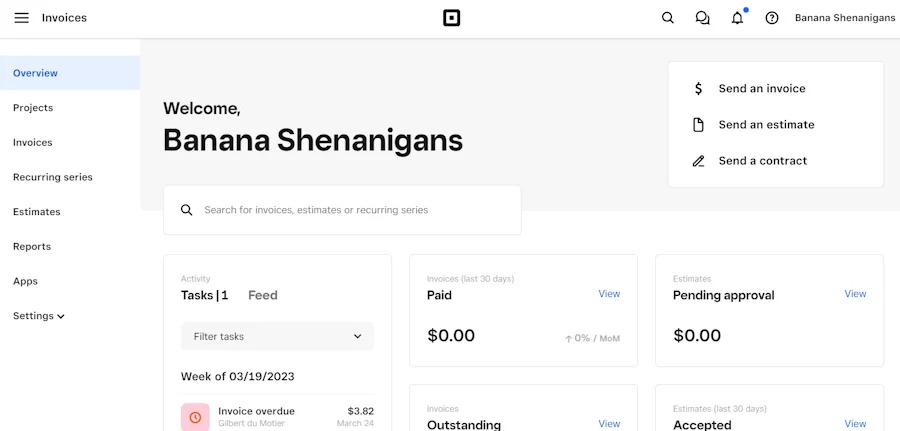 Square invoicing on dashboard with payment information.