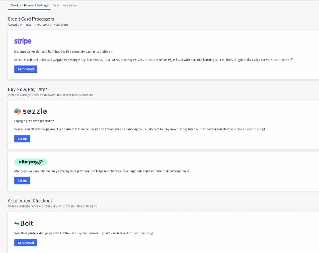 Showing several payment options available in BigCommerce.