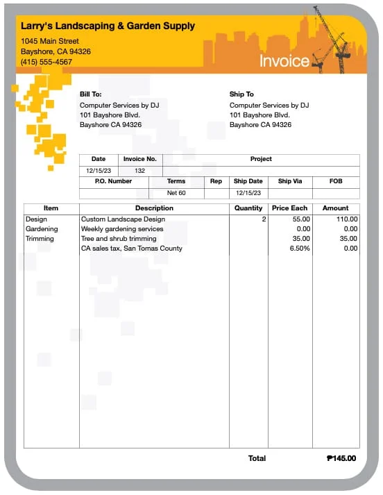 Example invoice with customized header.