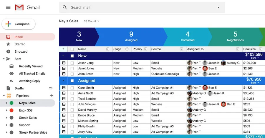 An example of Streak CRM's pipeline management system inside Gmail.