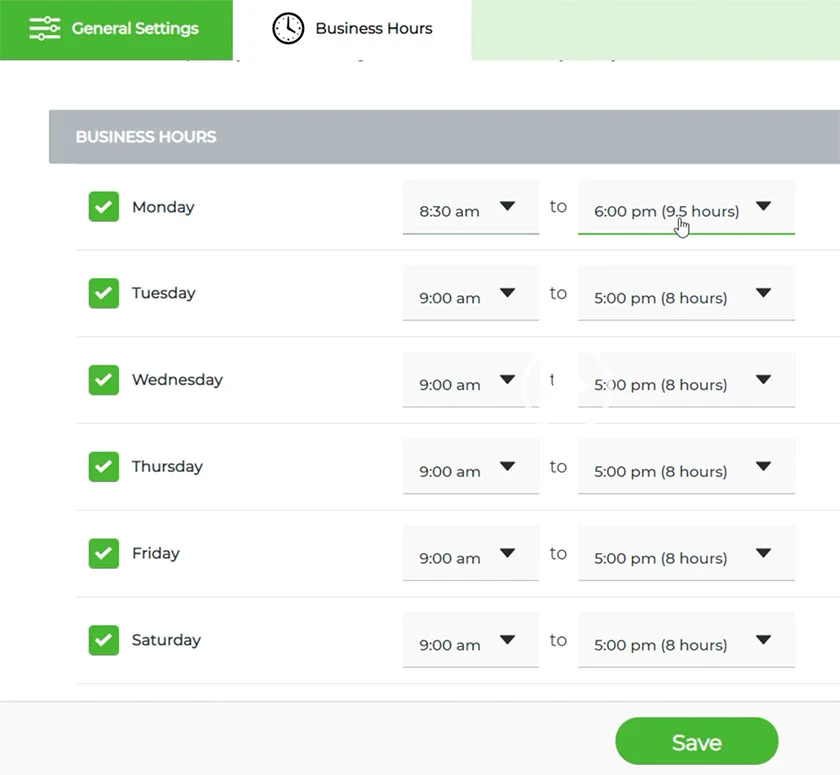 Phone.com configuration settings for business hours with checkbox and time for each day of the week.