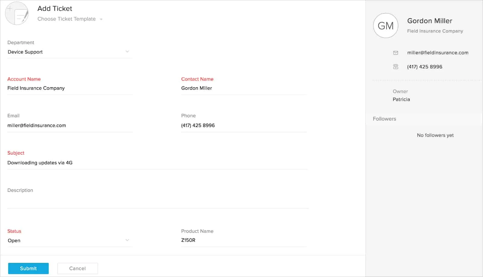 Screenshot of Zoho Desk Add Ticket