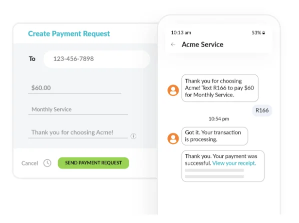 A Text Request window showing the option for creating a payment request and a mobile screen showing a chat thread about paying through SMS.