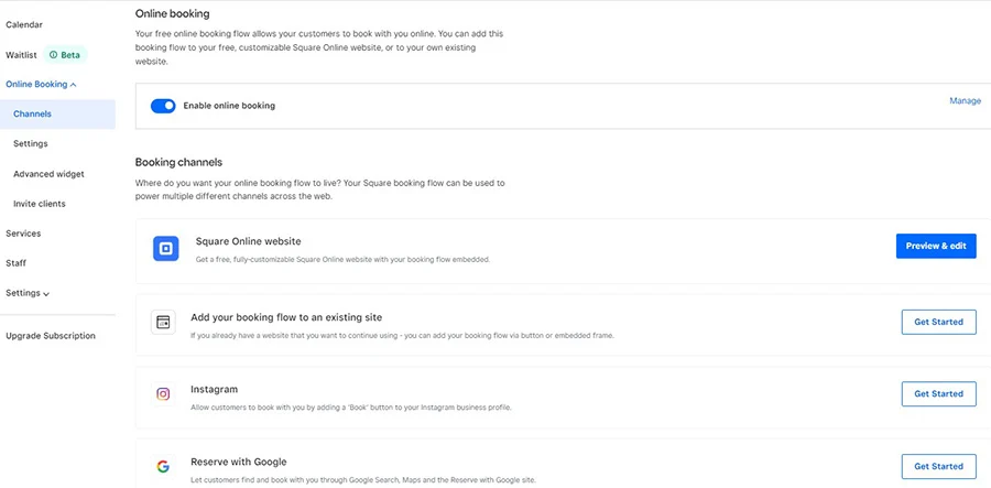 Square Appointments online booking settings screen.