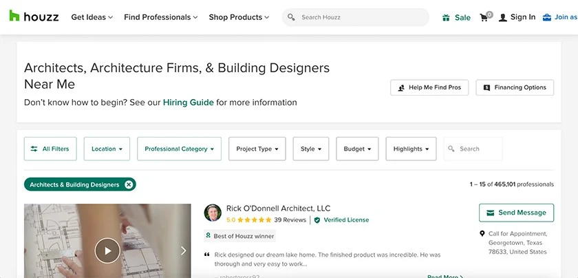 Sample listings on the Houzz website.