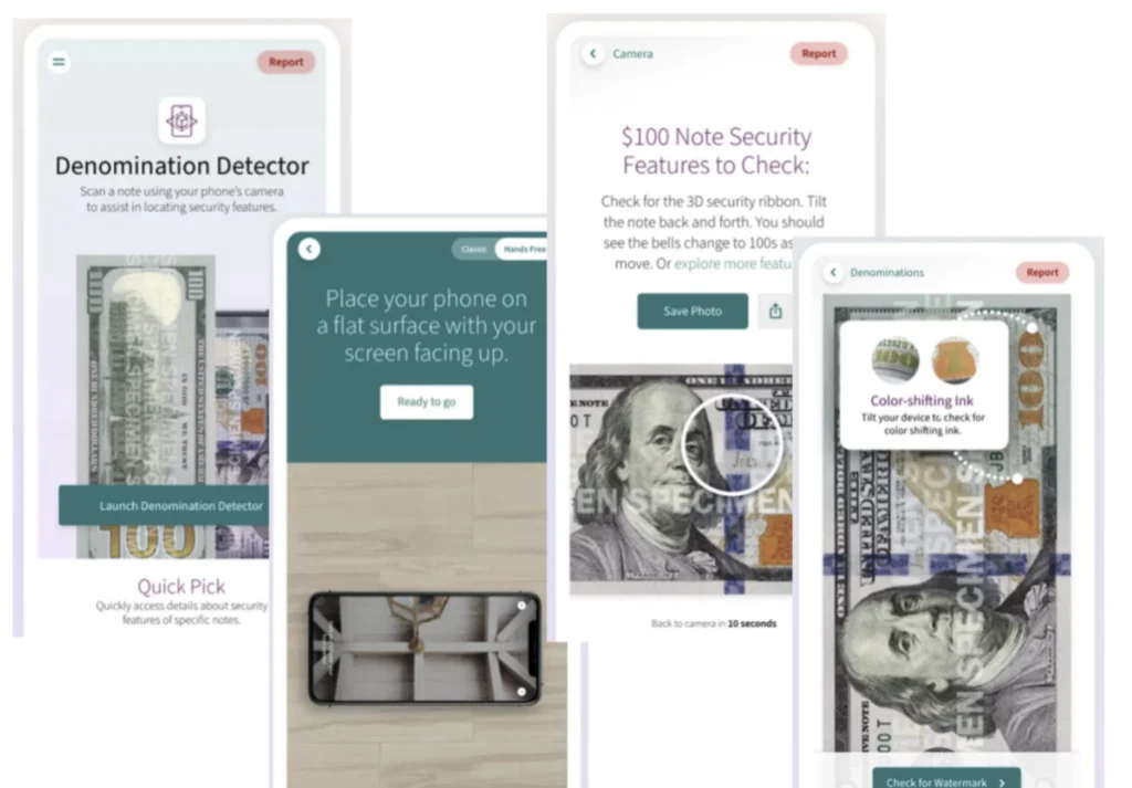 4 smartphone screens with app inspecting 100 dollar bill