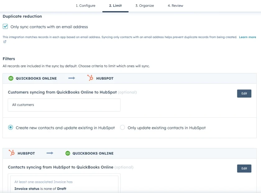 Screen where you can limit the data you want to sync between QuickBooks Online and HubSpot.