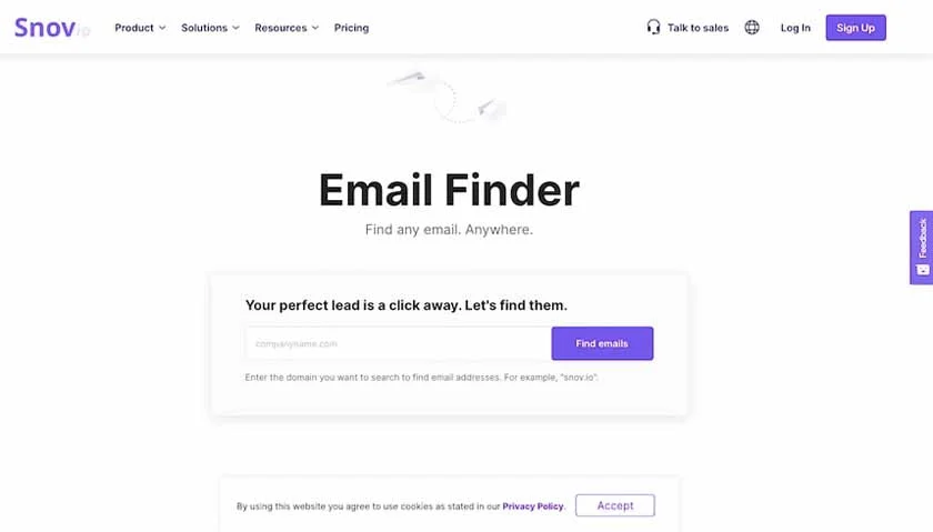 Home page of the Snov.io website.