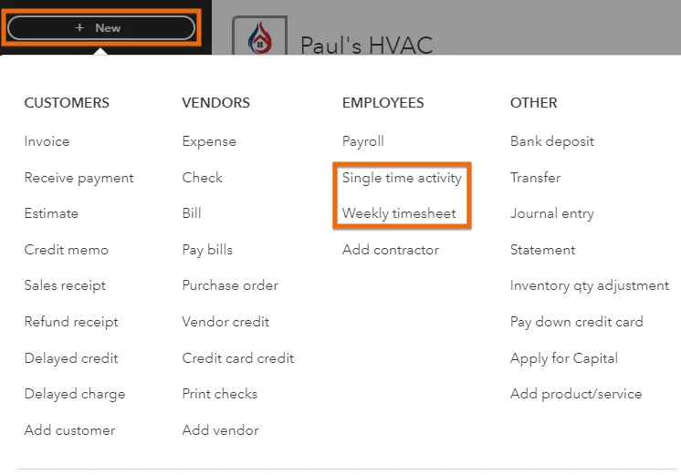 Screen showing how to access Single time activity or weekly timesheets in QuickBooks