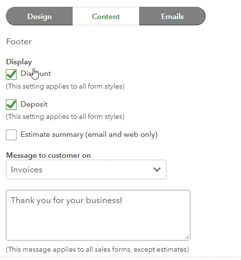 Selecting the information to display in the footer of your QuickBooks Online invoice,