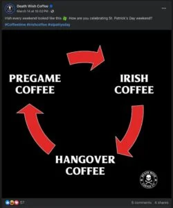 A Facebook image post of a meme about coffee from the coffee brand Death Wish Coffee.