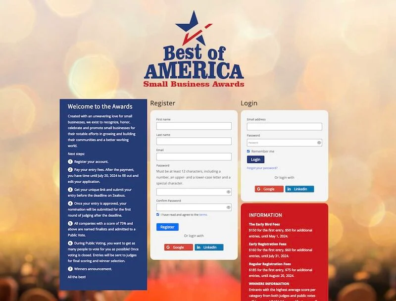 The Best of America Small Business Awards online entry form.