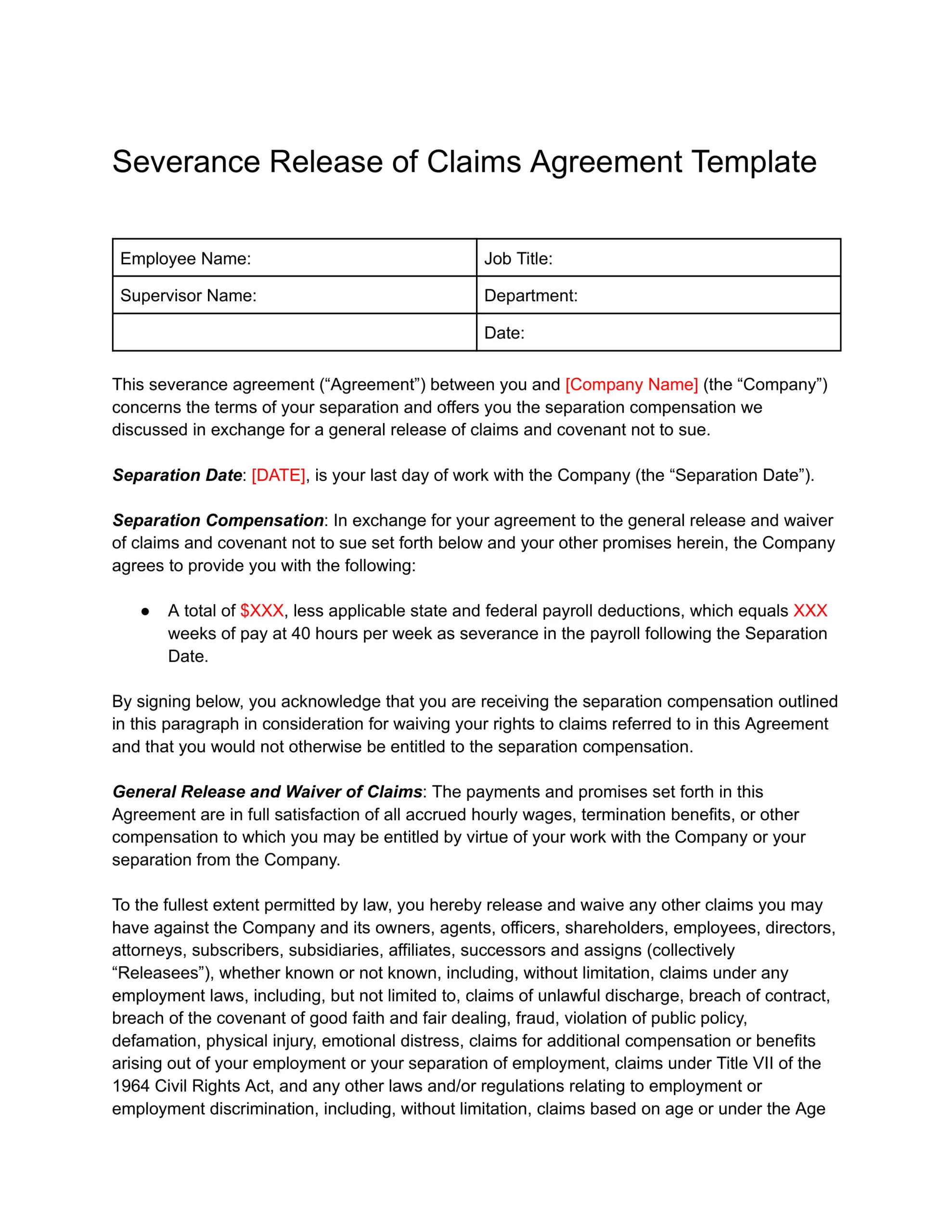 Screenshot of Severance Release Agreement Template