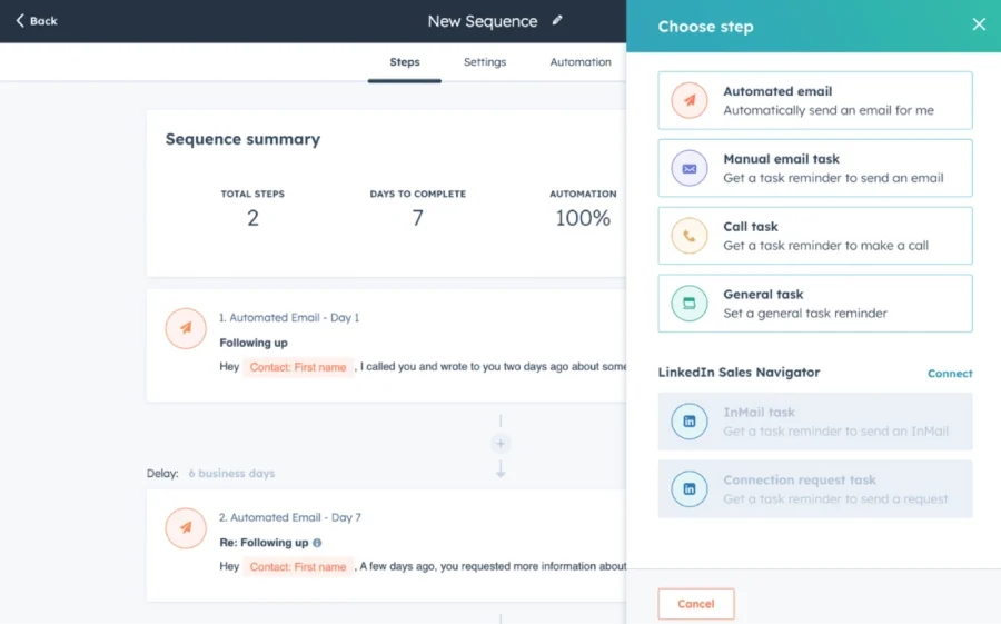 An example of automated email sequencing on HubSpot.
