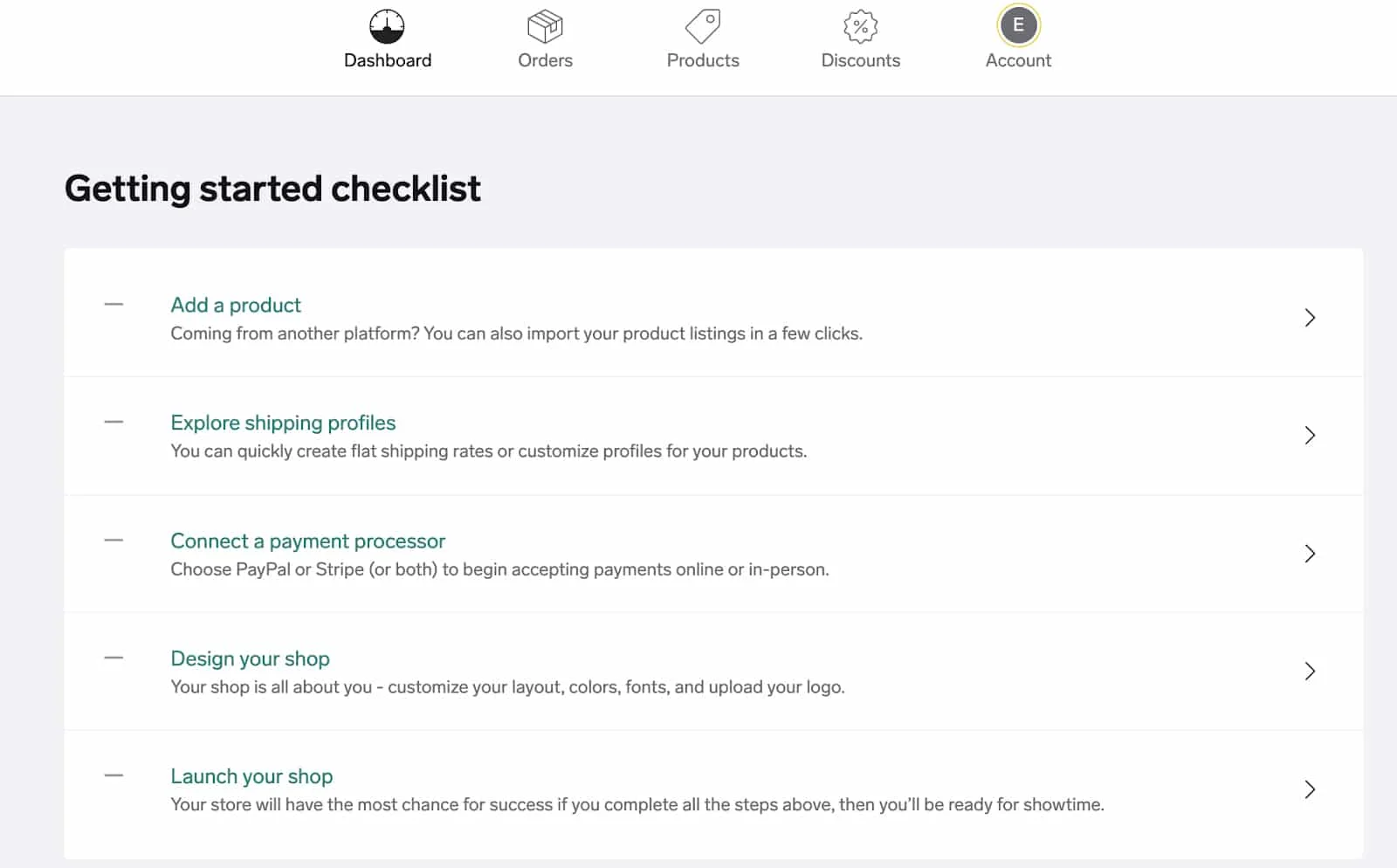 Big Cartel's Getting started checklist.