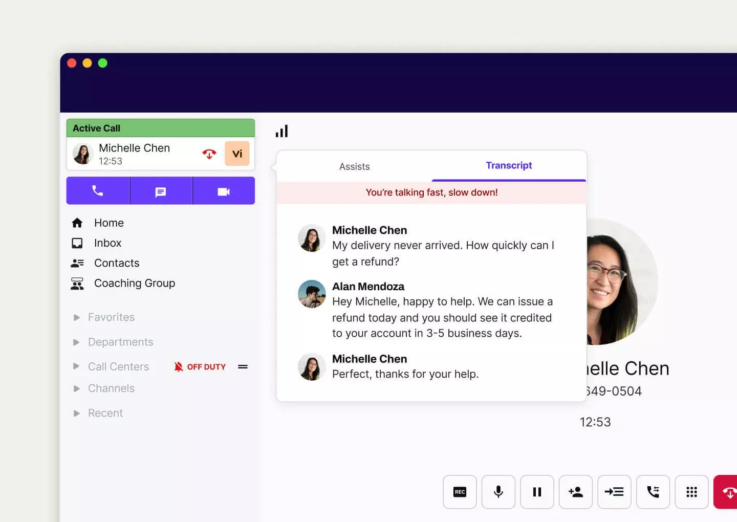 Dialpad interface with a pop-up displaying a transcript of a live call.