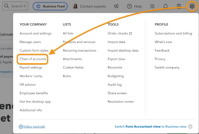 Screen showing how to navigate to the chart of accounts in QuickBooks Online