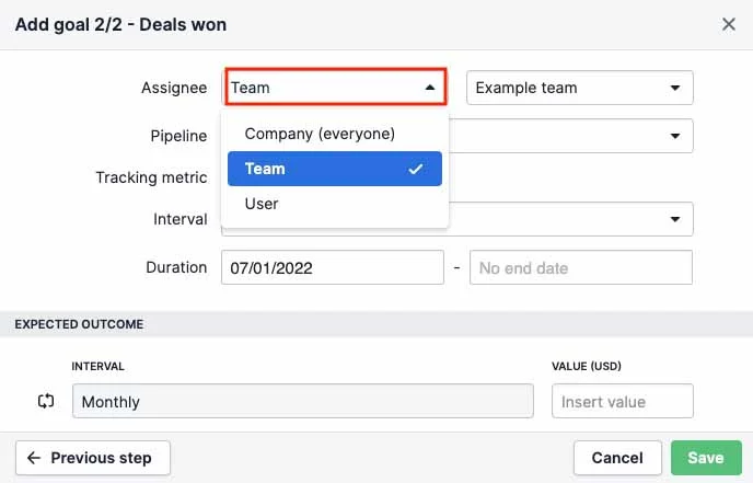 Creating a team deals-closed goal in Pipedrive.