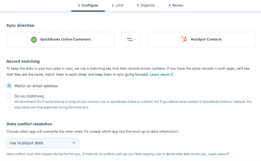 Screen where you can configure your data before syncing between QuickBooks Online and HubSpot.