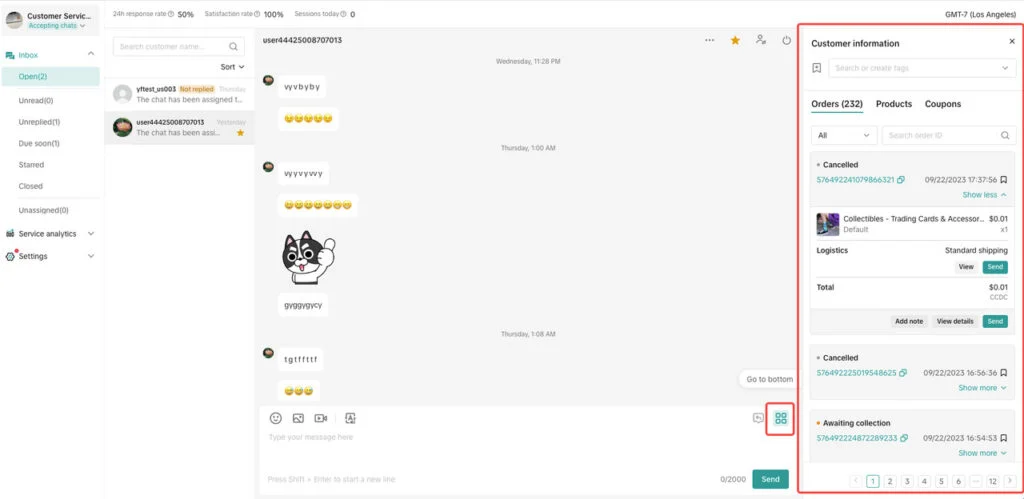TikTok Seller Center Customer Service Workbench window beside the chat window
