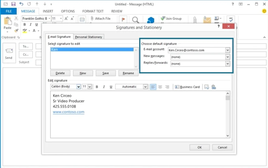 Setting your email signature's conditions in classic Outlook.