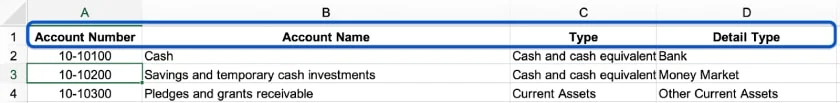 Image showing the column headers in the chart of accounts.