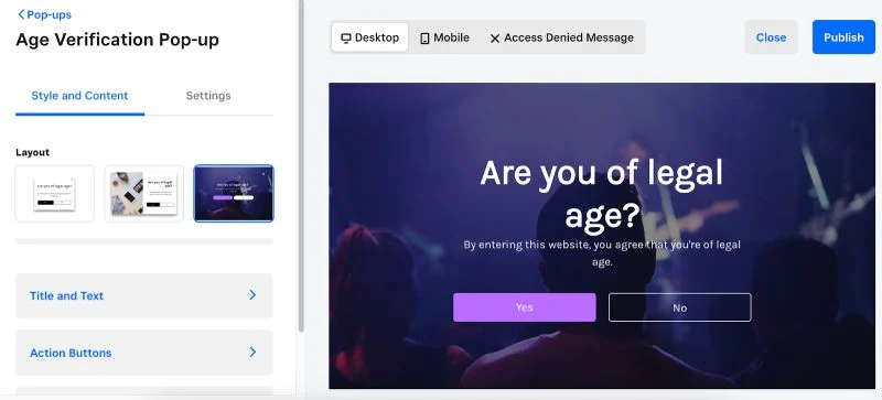 Square Online age verification pop-up set up.