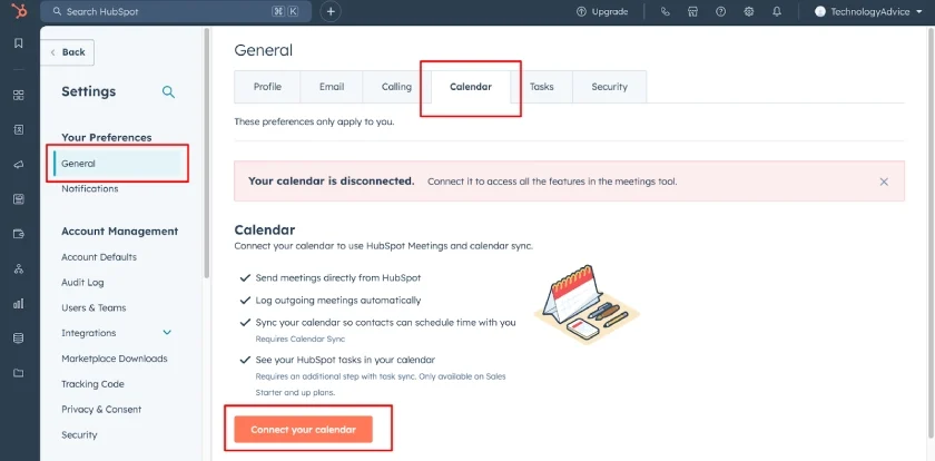 The connect to calendar option on HubSpot CRM using a free demo account.